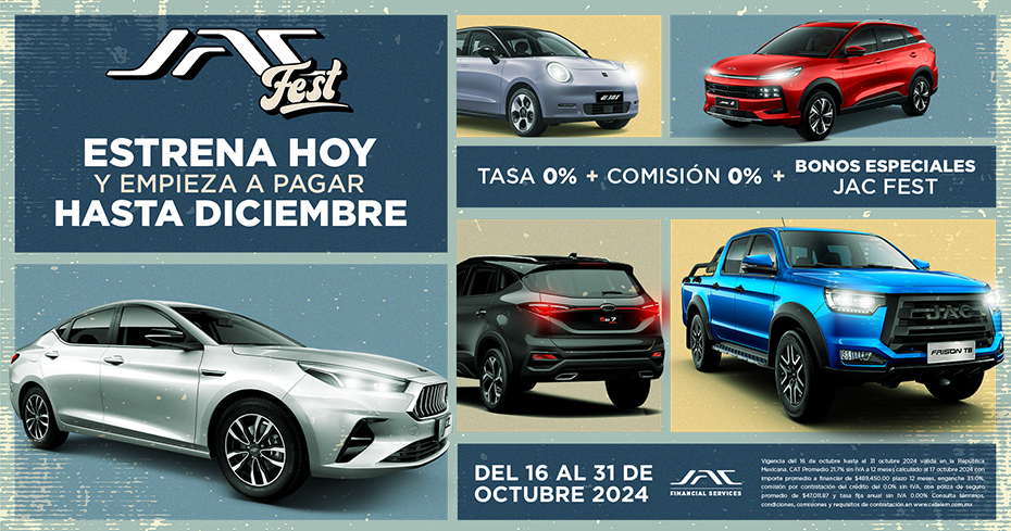 Banner publicitario de JAC con imágenes del producto y logotipo